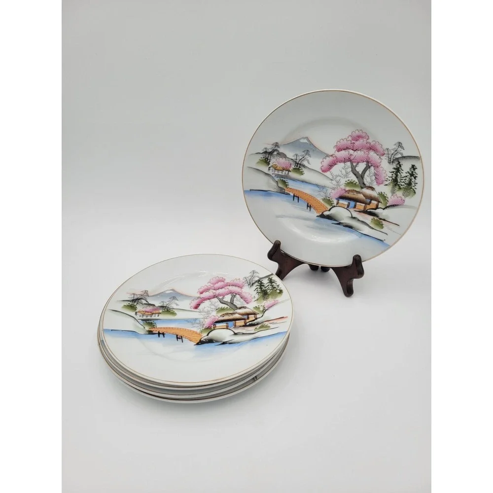 Set of 5 Vintage Kutani Japan KUT21 salad plates pink textured trees bridge gold